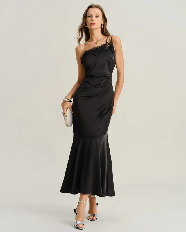 Black One Shoulder Mermaid Slip Midi Dress sold by rihoas
