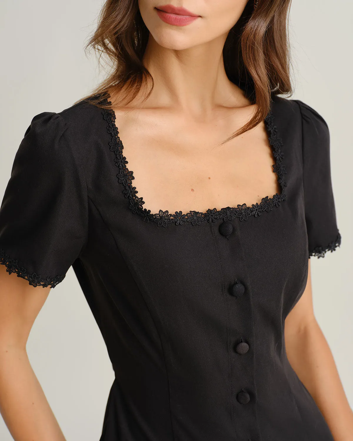 Black Square Neck Button Mini Dress sold by rihoas product image thumbnail 2