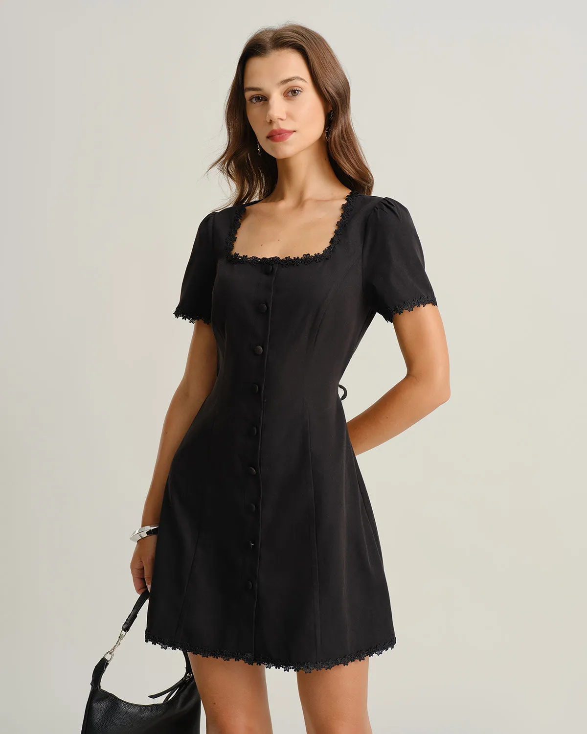 Black Square Neck Button Mini Dress sold by rihoas