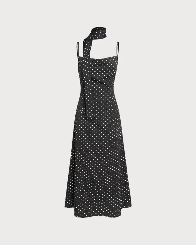 Black Polka Dot Cowl Neck Slip Maxi Dress sold by rihoas