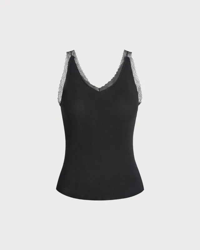 Black V Neck Lace Knit Cami Top sold by rihoas