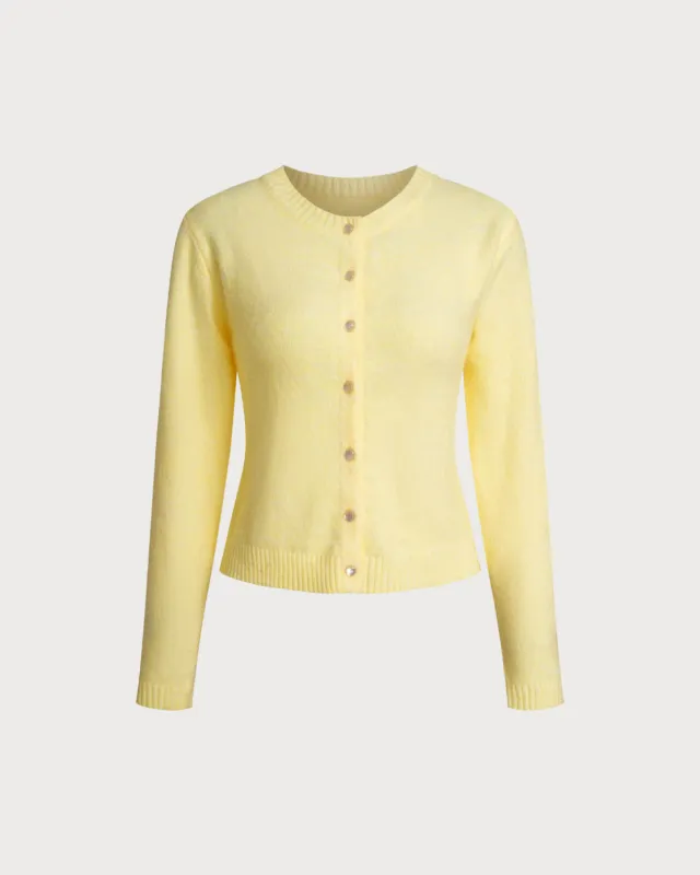 Yellow Round Neck Knit Cardigan sold by rihoas