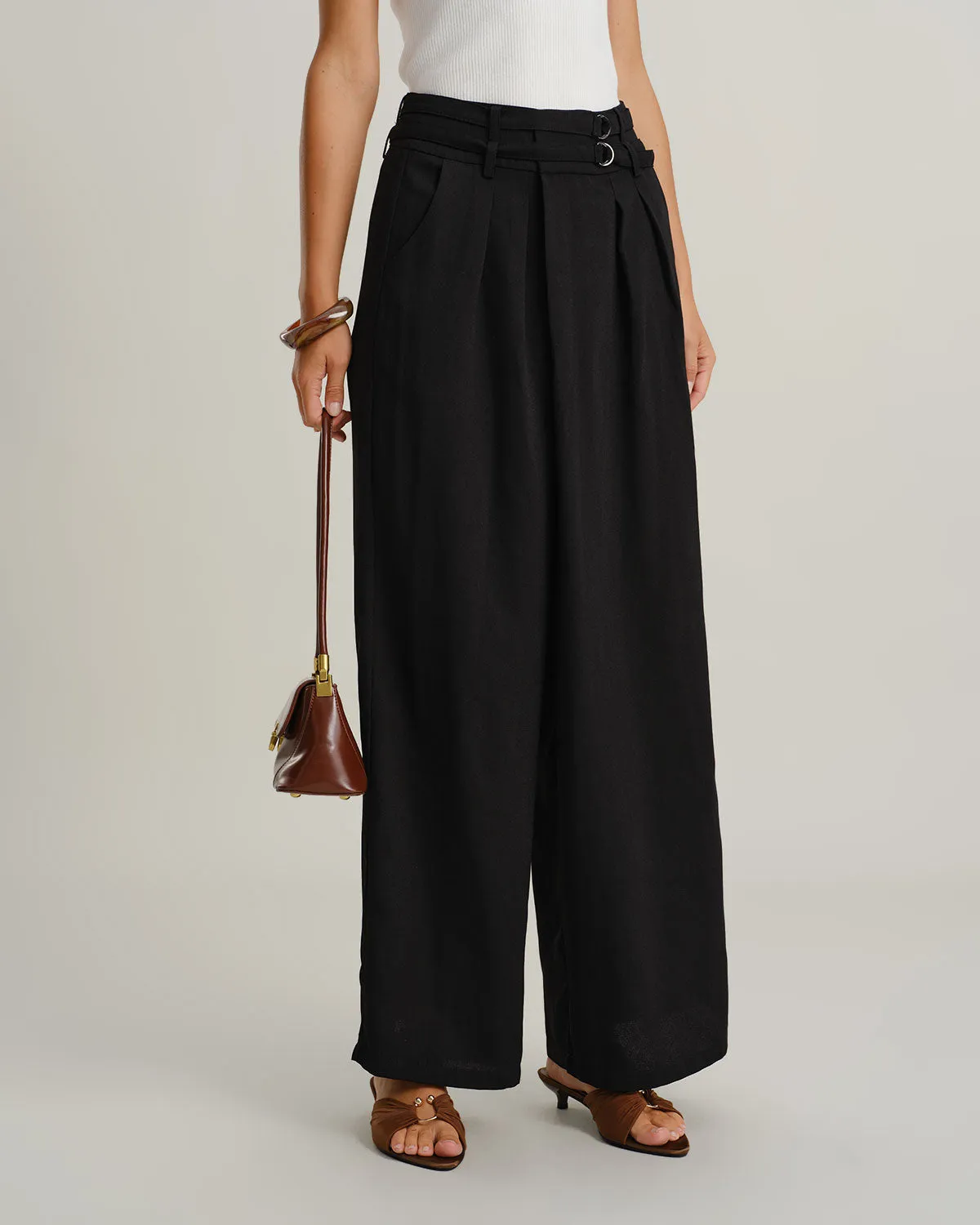 Black Ruched Straight Pants sold by rihoas