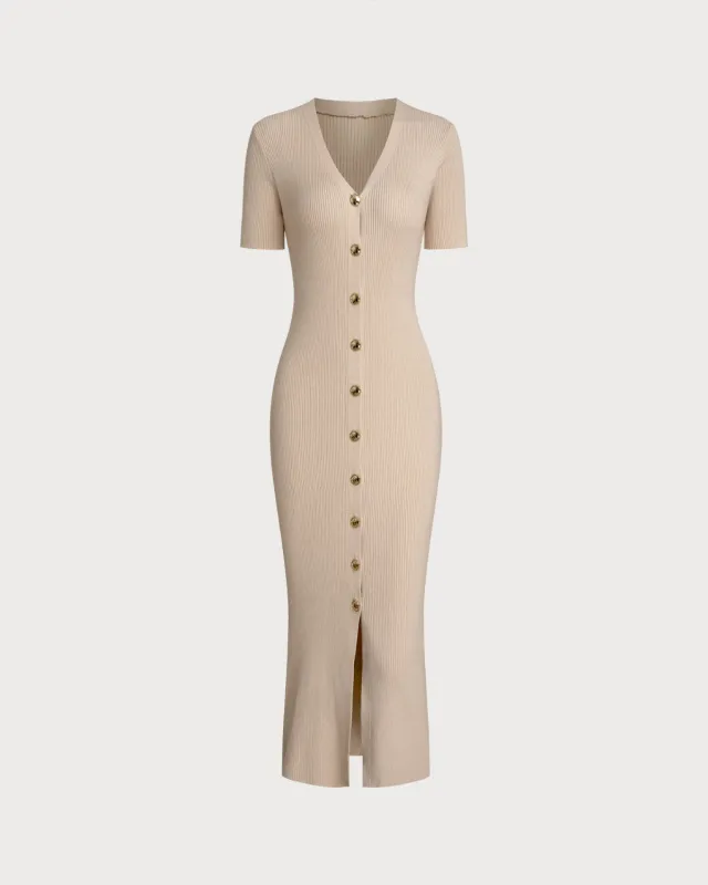 Apricot V Neck Bodycon Sweater Dress sold by rihoas