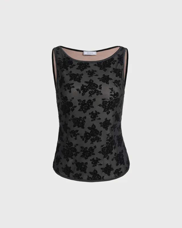 Black Floral Boat Neck Tank Top sold by rihoas