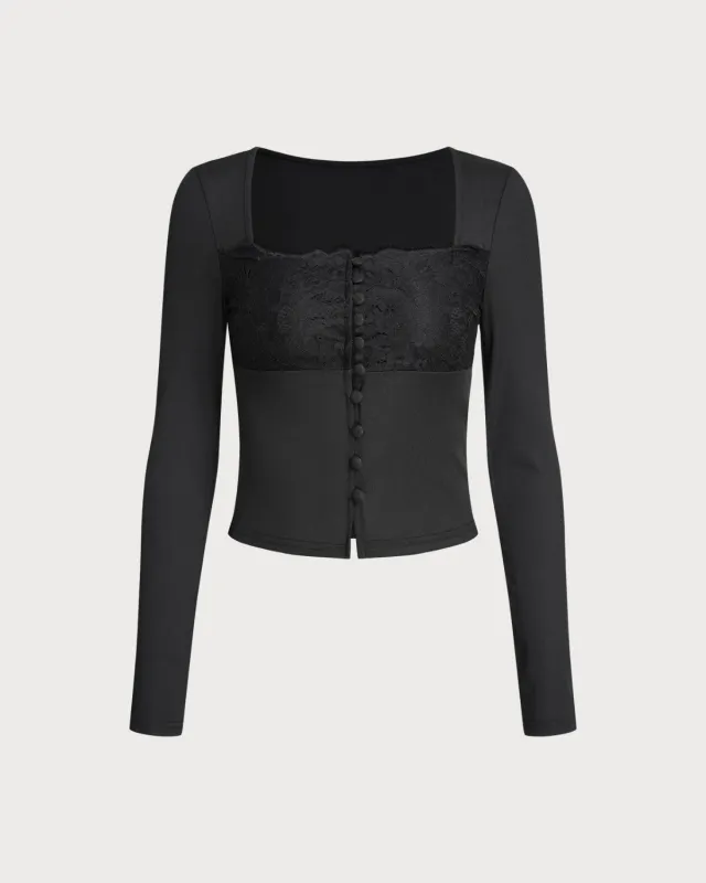 Black Square Neck Button Slim Tee sold by rihoas