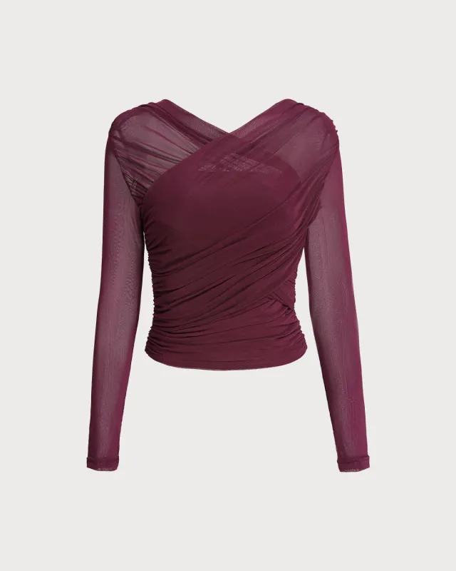 Wine Red V Neck Slim Mesh Tee sold by rihoas