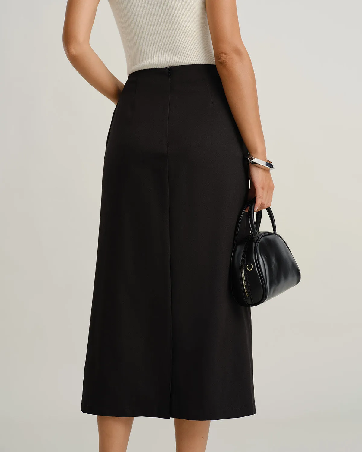 Black Natural Waisted Button Slit Midi Skirt sold by rihoas product image thumbnail 4