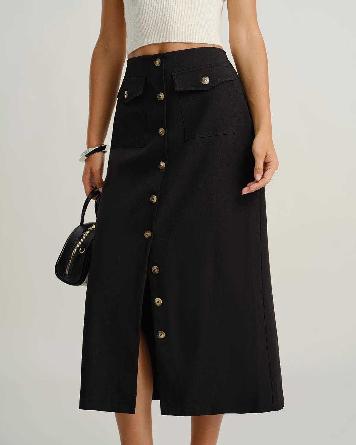 Black Natural Waisted Button Slit Midi Skirt sold by rihoas