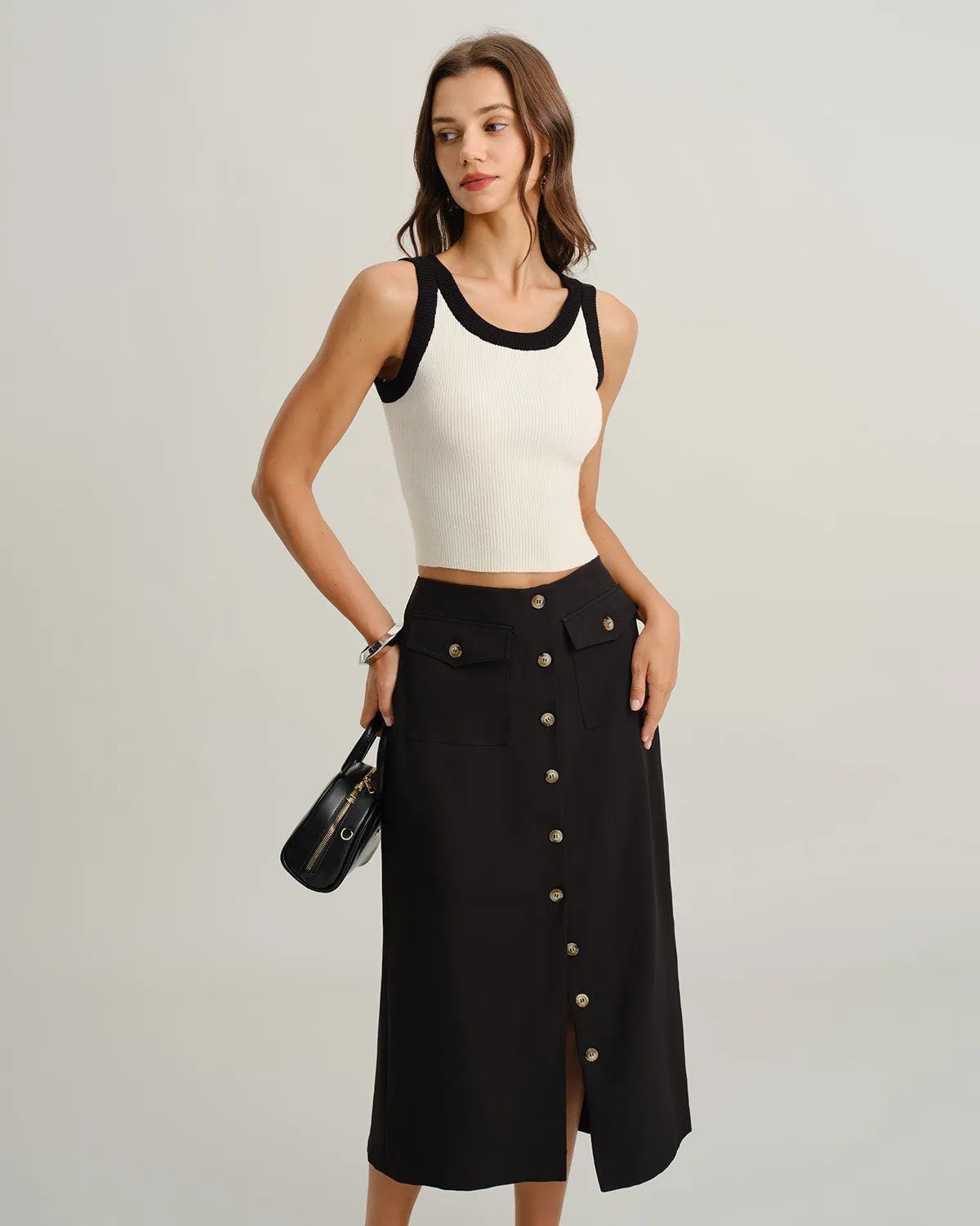 Black Natural Waisted Button Slit Midi Skirt sold by rihoas product image thumbnail 5