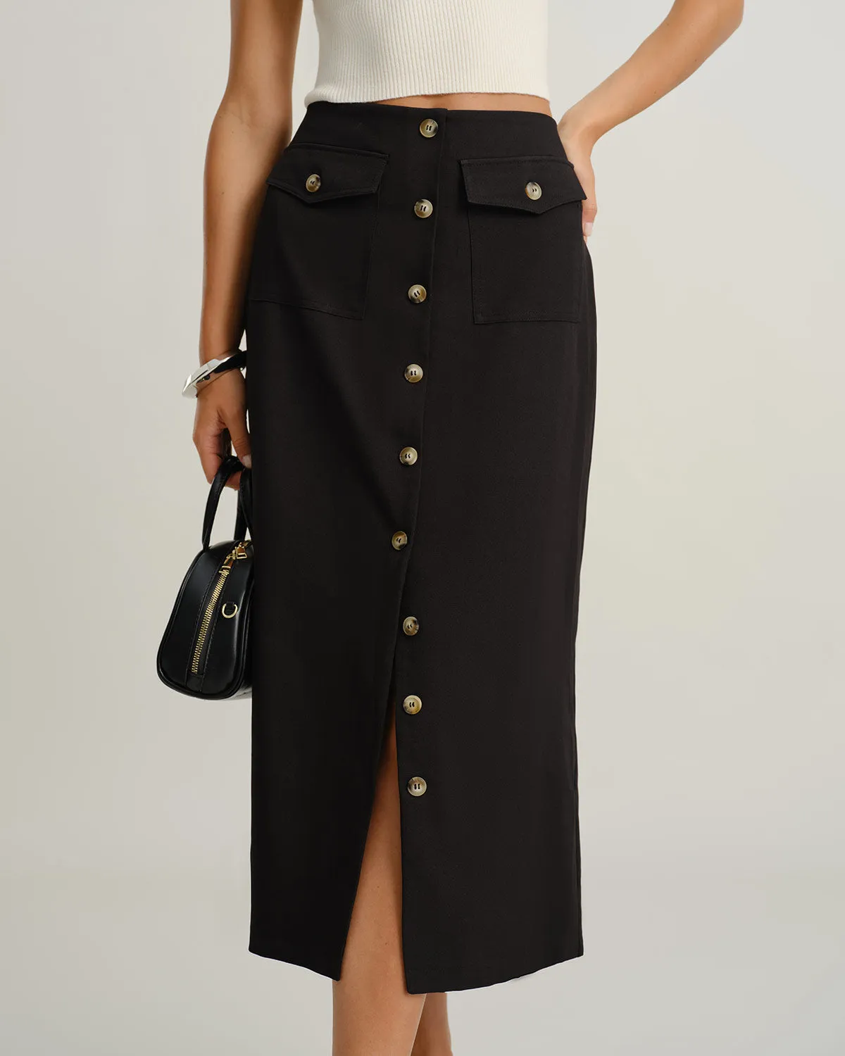 Black Natural Waisted Button Slit Midi Skirt sold by rihoas product image thumbnail 3