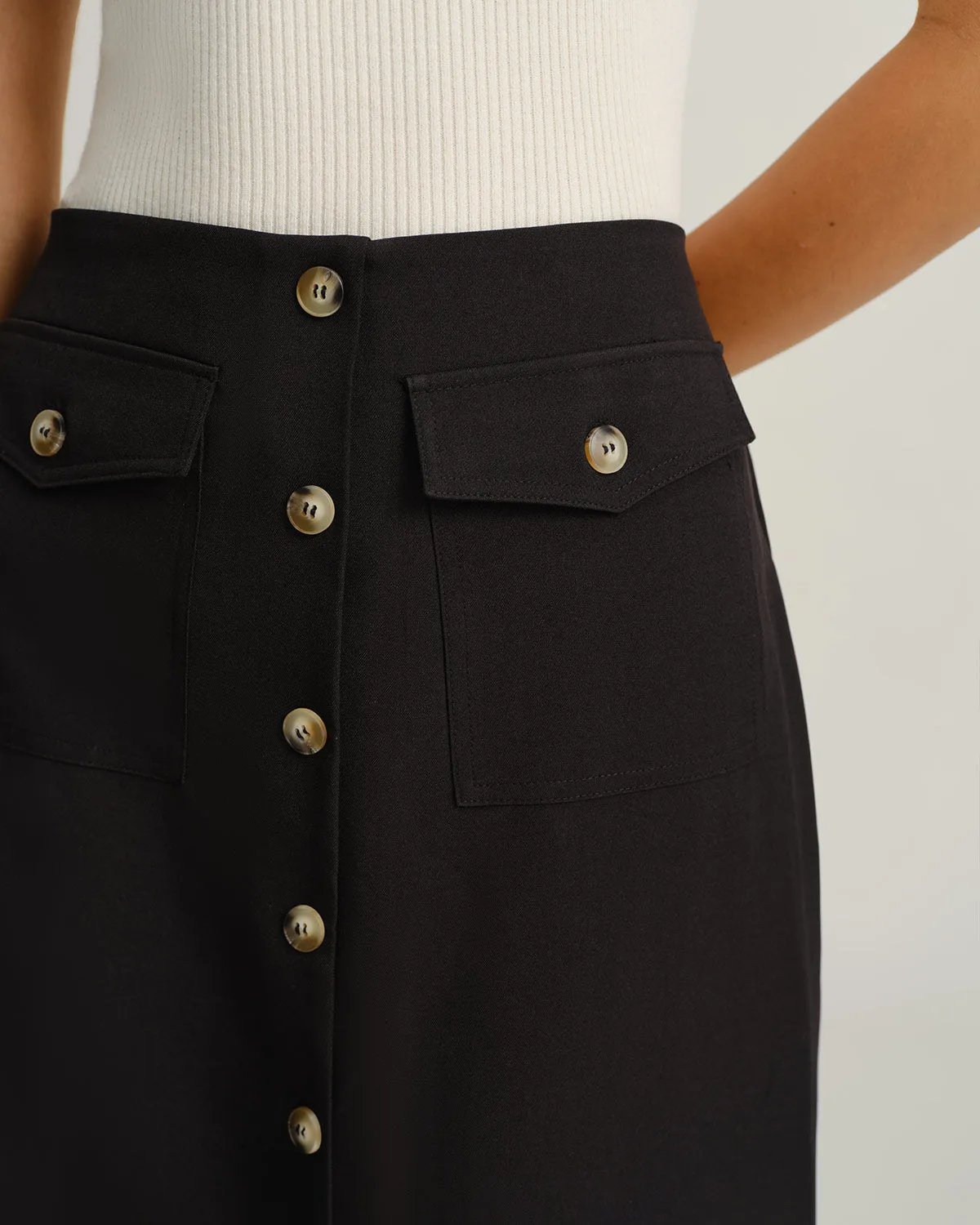 Black Natural Waisted Button Slit Midi Skirt sold by rihoas product image thumbnail 2