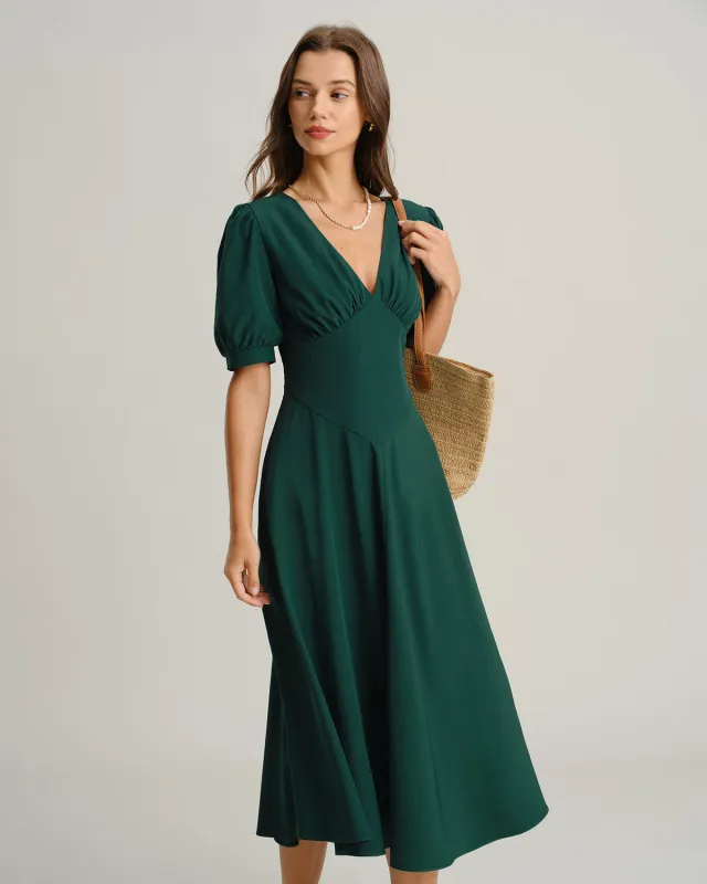 Green V Neck Ruched Midi Dress sold by rihoas