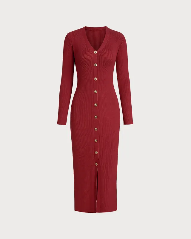 Wine Red V Neck Button Sweater Dress sold by rihoas