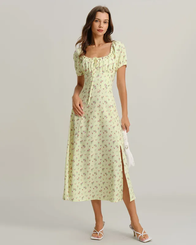 Yellow Floral Square Neck Puffed Sleeve Midi Dress sold by rihoas