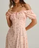 Pink Floral Square Neck Puffed Sleeve Midi Dress sold by rihoas