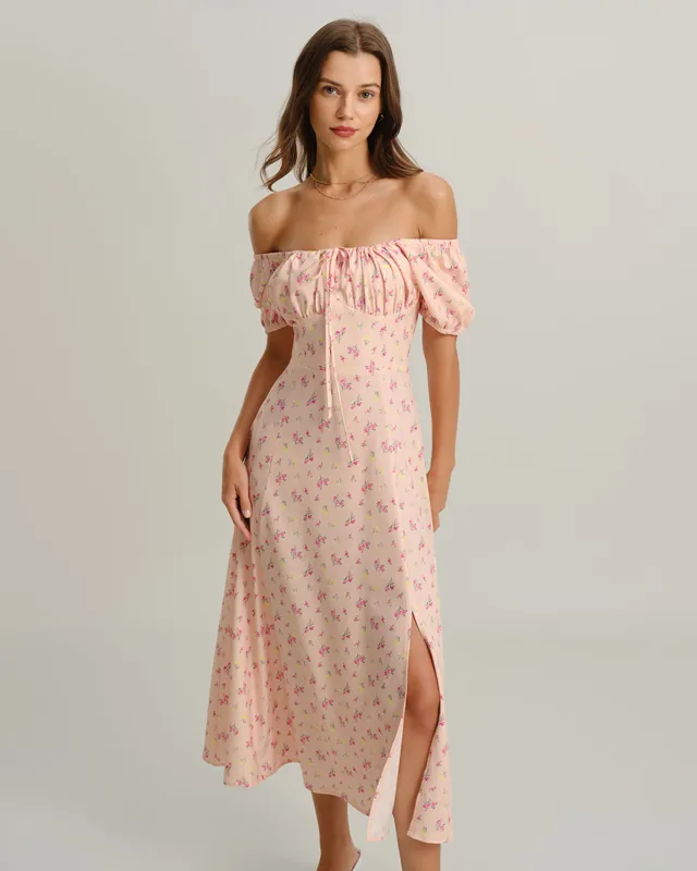 Pink Floral Square Neck Puffed Sleeve Midi Dress sold by rihoas