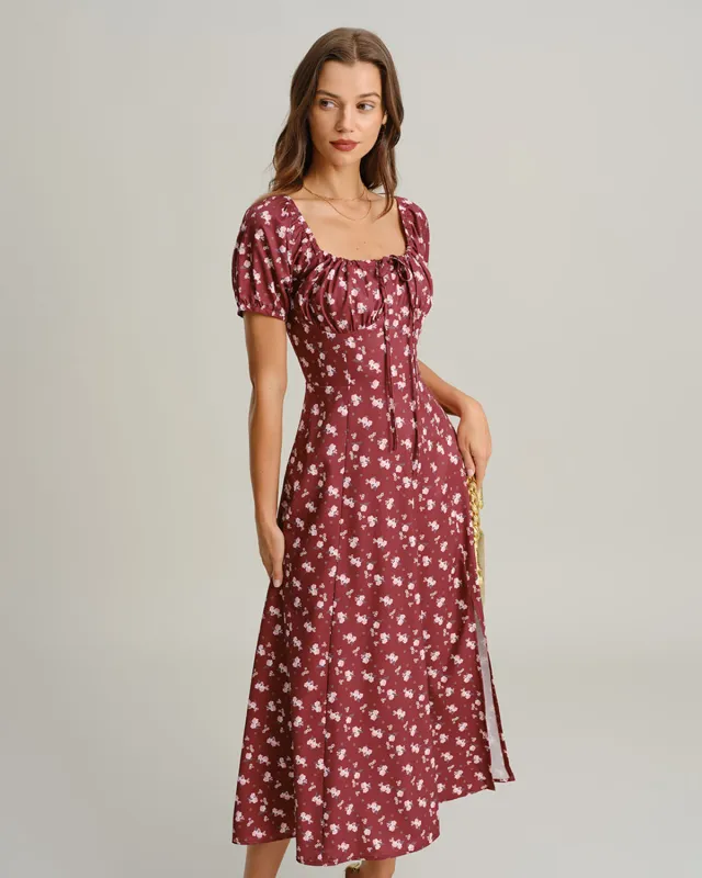 Wine Red Floral Square Neck Puffed Sleeve Midi Dress sold by rihoas