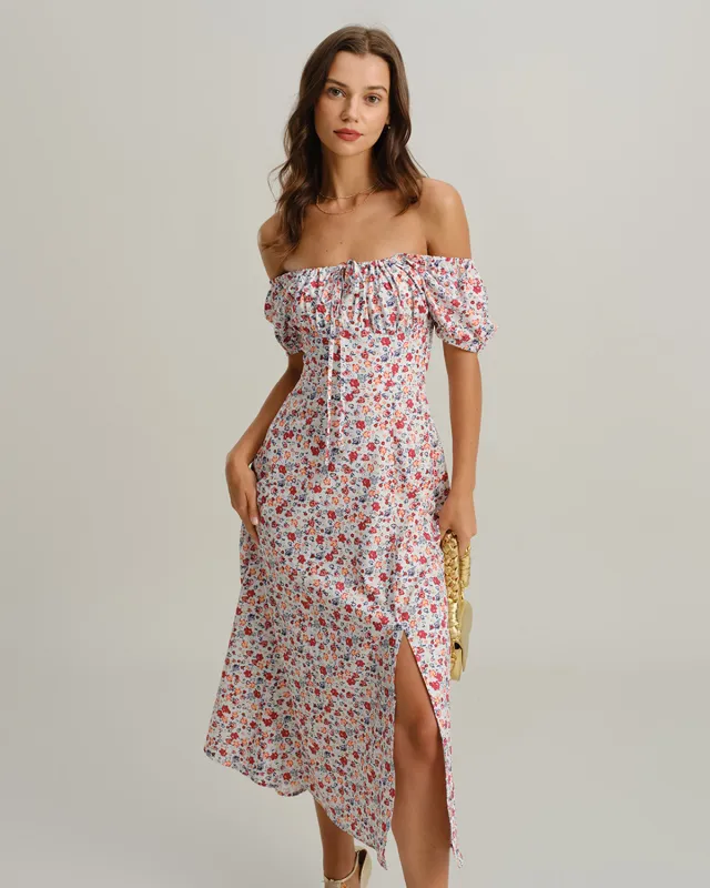 Grey Floral Square Neck Puffed Sleeve Midi Dress sold by rihoas