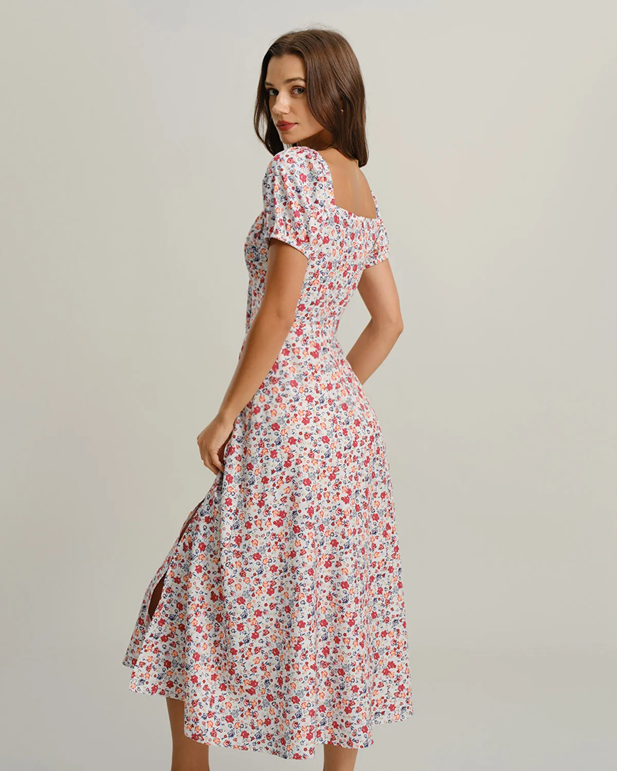 Grey Floral Square Neck Puffed Sleeve Midi Dress sold by rihoas product image thumbnail 4