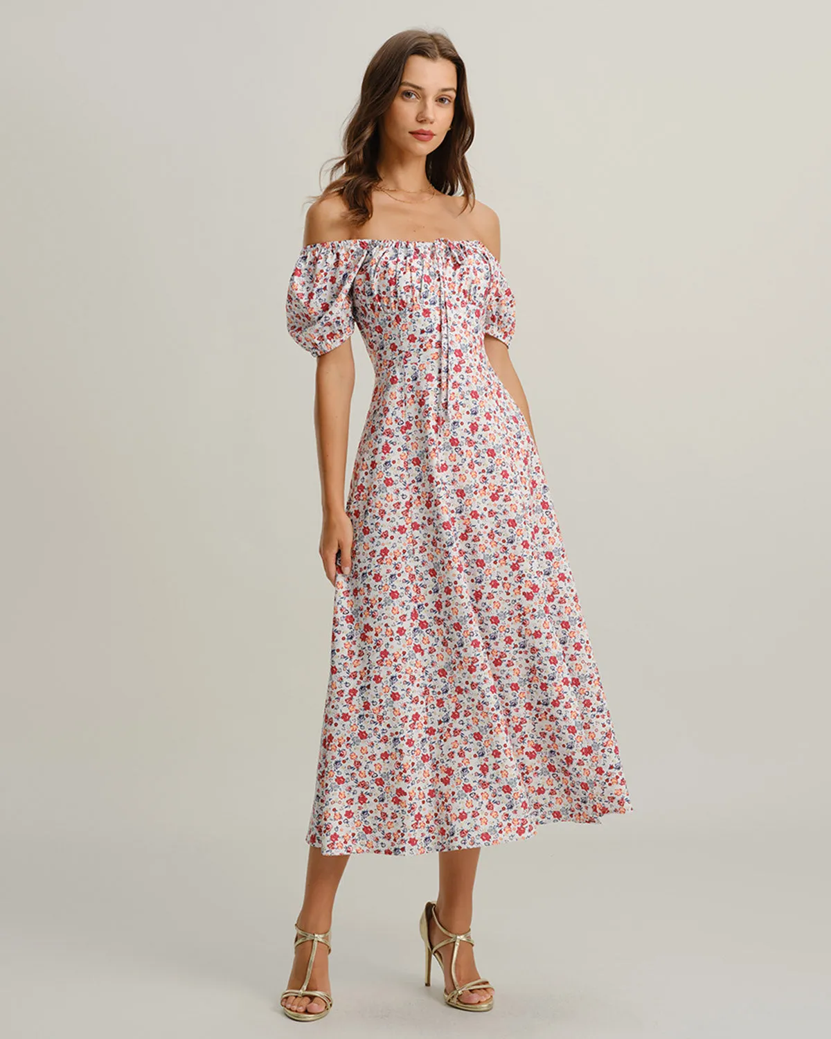 Grey Floral Square Neck Puffed Sleeve Midi Dress sold by rihoas product image thumbnail 3