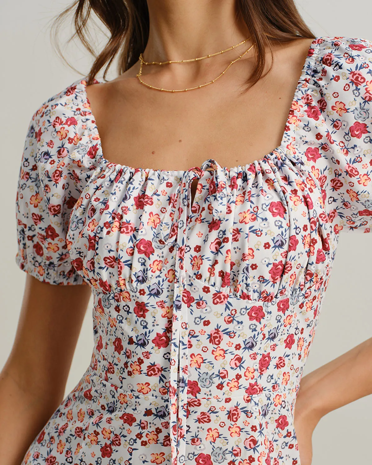 Grey Floral Square Neck Puffed Sleeve Midi Dress sold by rihoas product image thumbnail 2