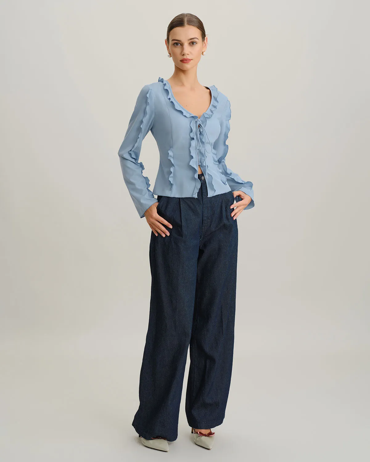 Blue Ruffle V Neck Button Blouse sold by rihoas product image thumbnail 3