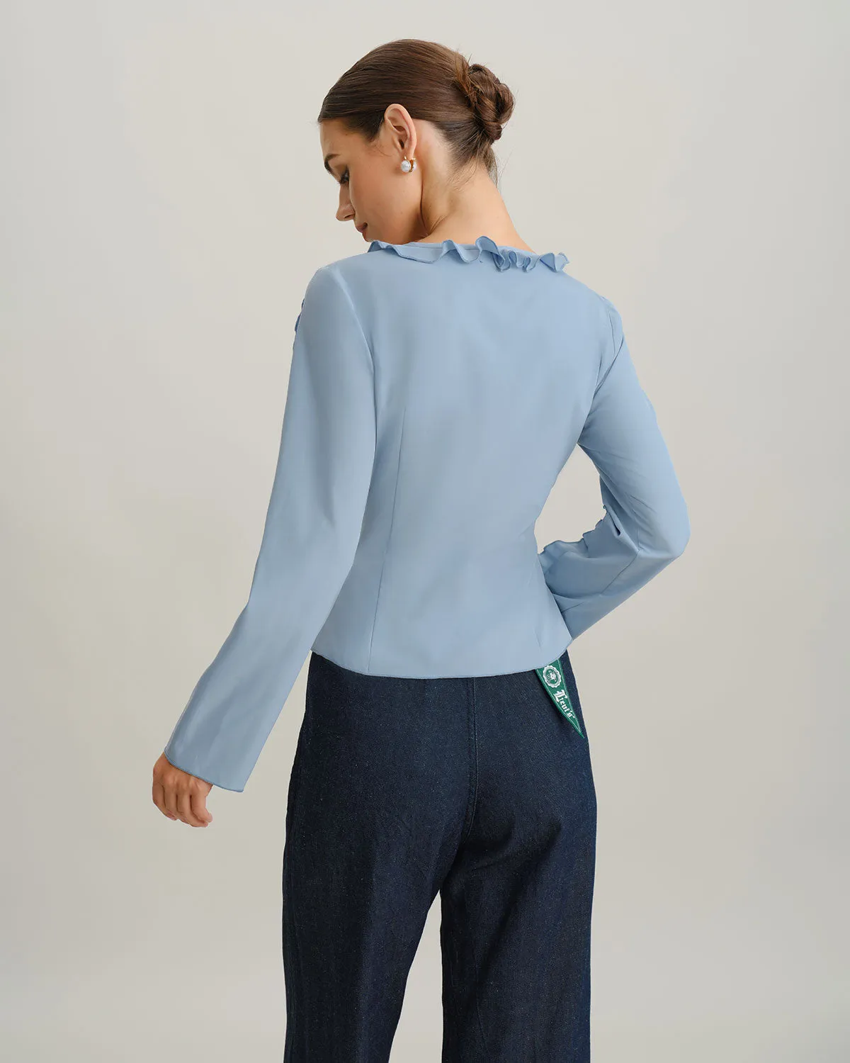 Blue Ruffle V Neck Button Blouse sold by rihoas product image thumbnail 4