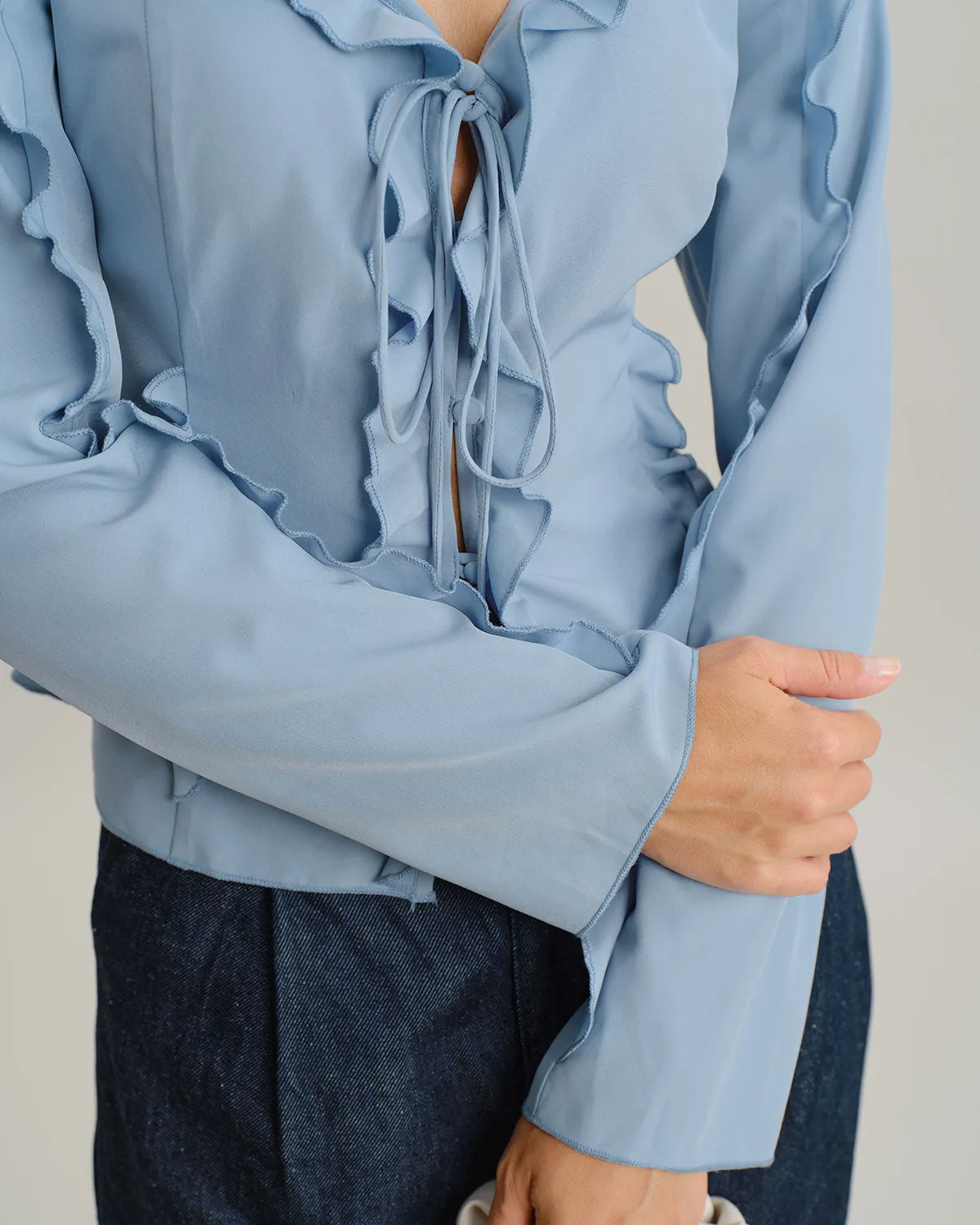 Blue Ruffle V Neck Button Blouse sold by rihoas product image thumbnail 2