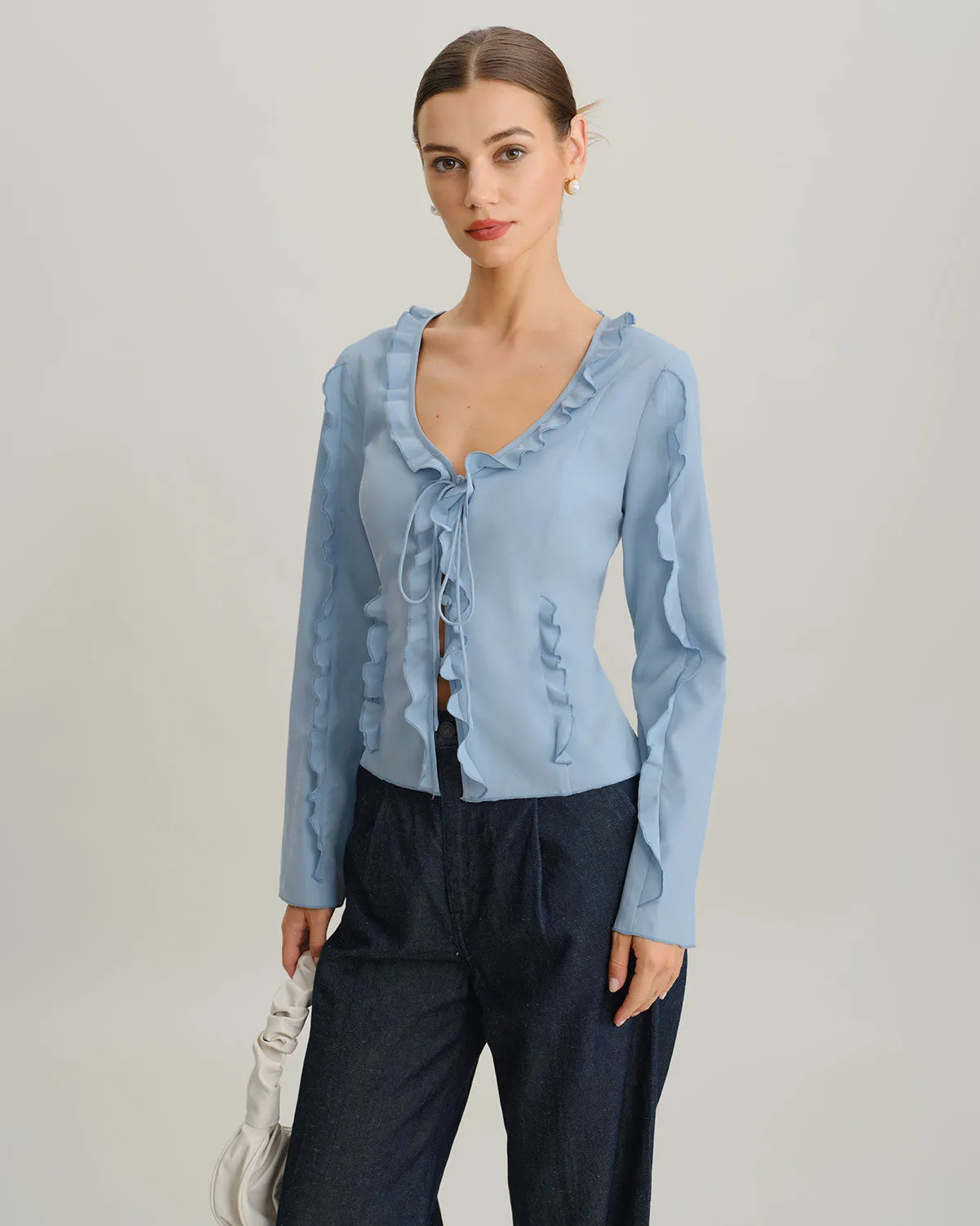 Blue Ruffle V Neck Button Blouse sold by rihoas