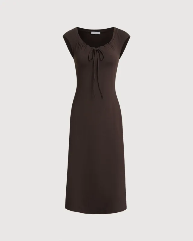 Brown Boat Neck Cap Sleeve Midi Dress made by rihoas