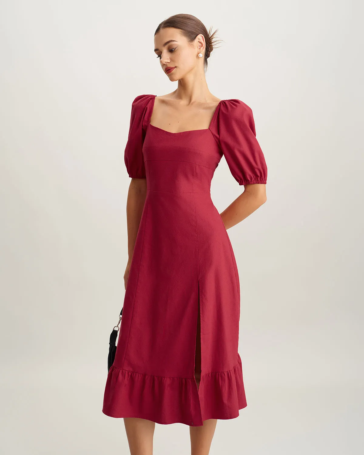 Red Square Neck Shirred Midi Dress sold by rihoas product image thumbnail 3
