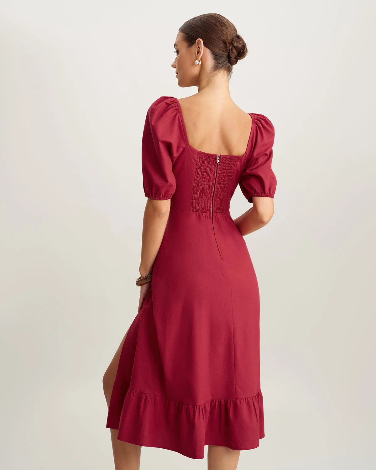 Red Square Neck Shirred Midi Dress sold by rihoas product image thumbnail 4