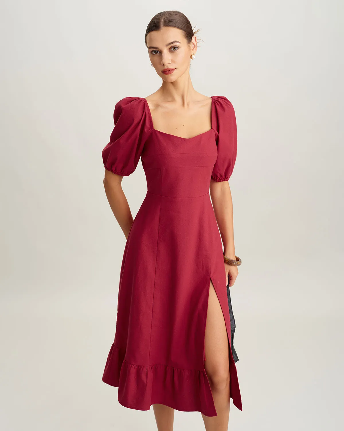 Red Square Neck Shirred Midi Dress sold by rihoas