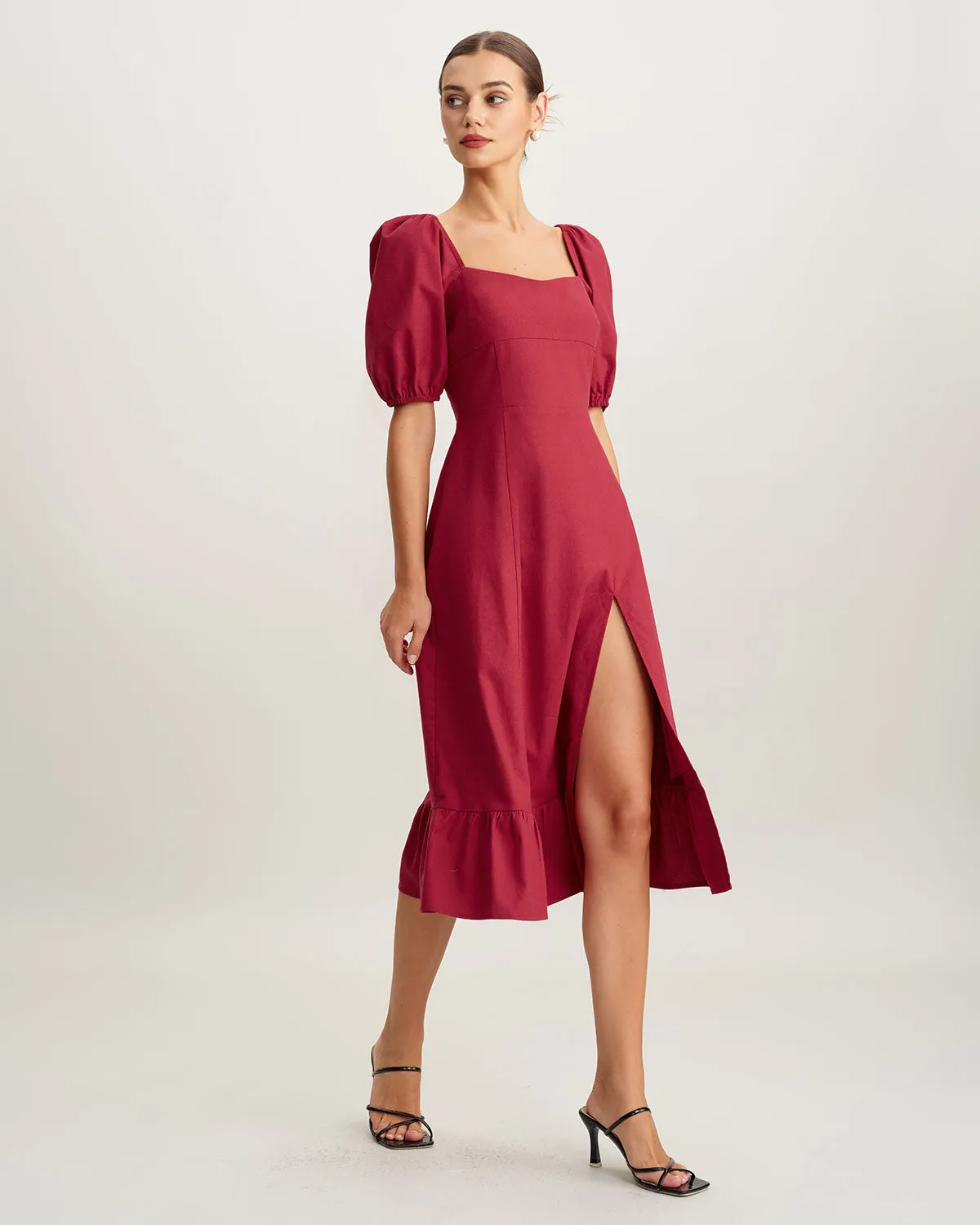 Red Square Neck Shirred Midi Dress sold by rihoas product image thumbnail 5