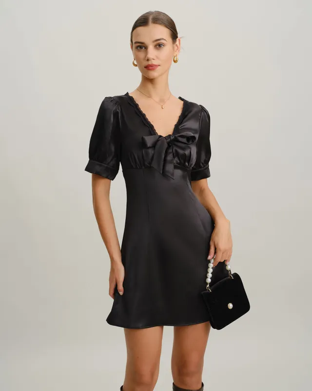 Black V Neck Satin Mini Dress sold by rihoas