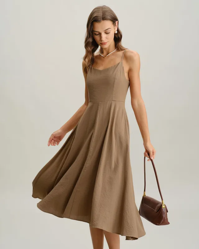 Khaki A-Line Pleated Slip Midi Dress sold by rihoas