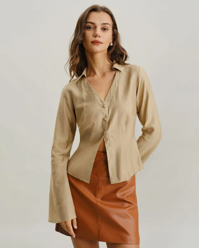 Khaki V Neck Bell Sleeve Shirt sold by rihoas