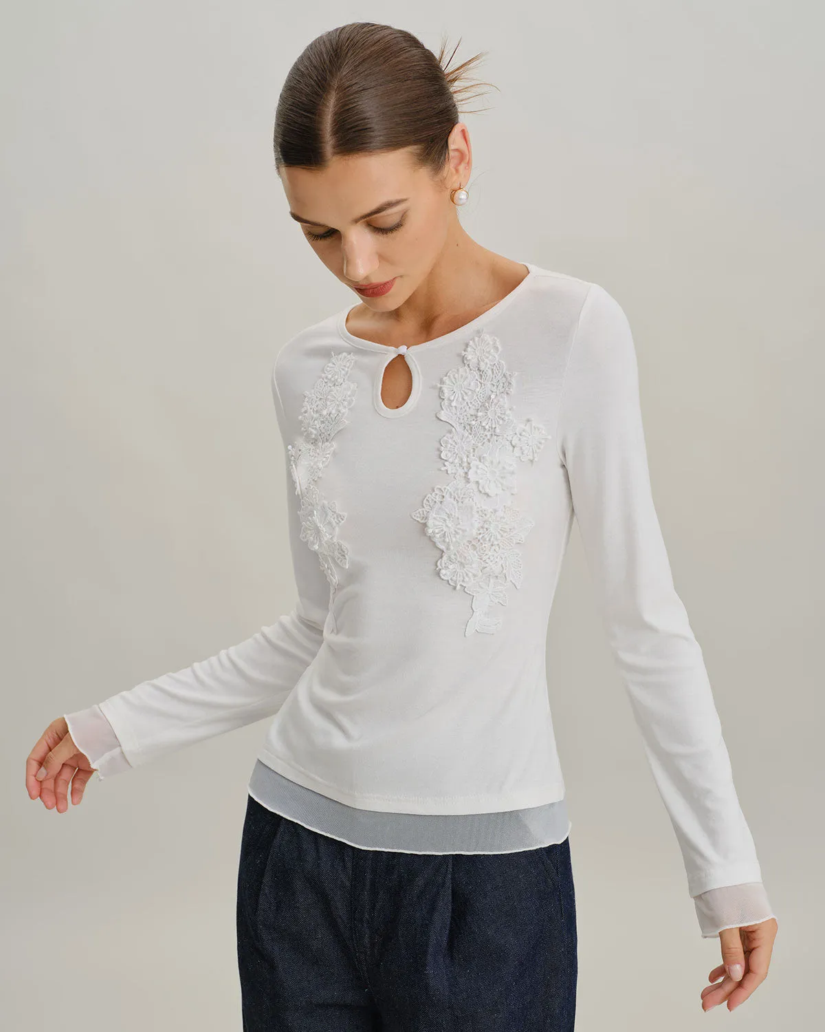 White Round Neck Knit Slim Tee sold by rihoas product image thumbnail 3