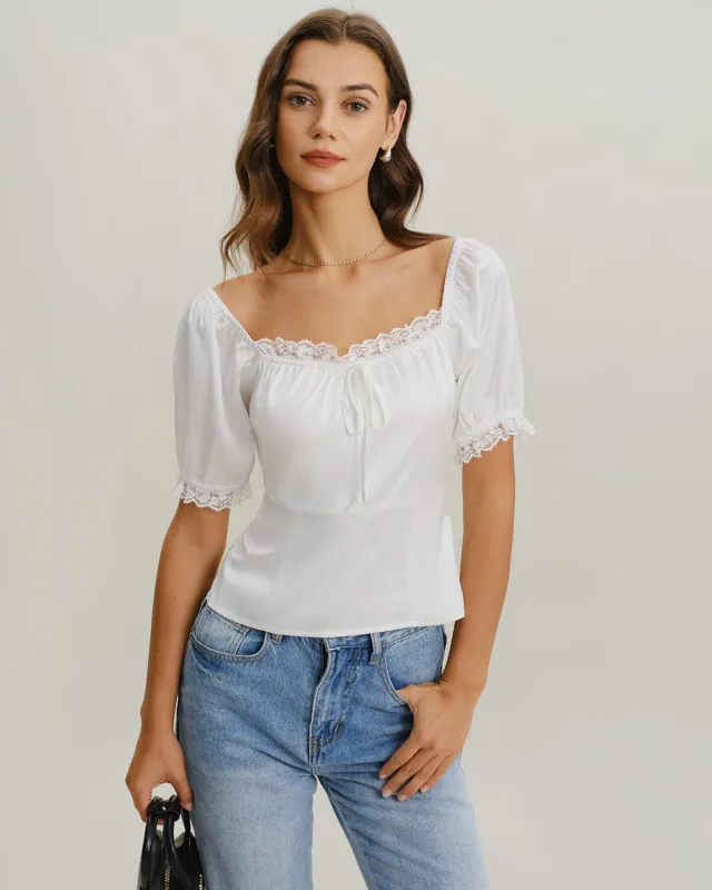 White Square Neck Lace Satin Blouse sold by rihoas