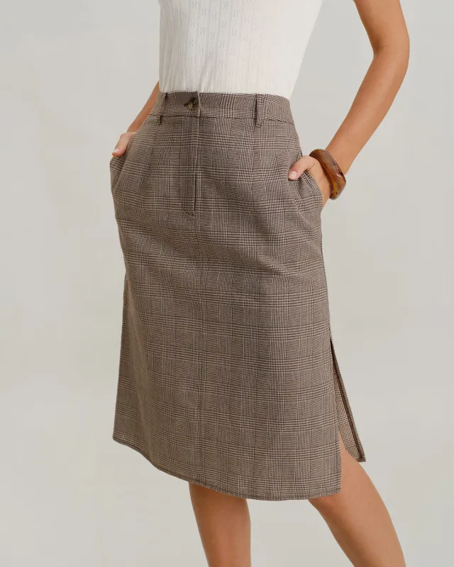 Brown Plaid Straight Midi Skirt sold by rihoas