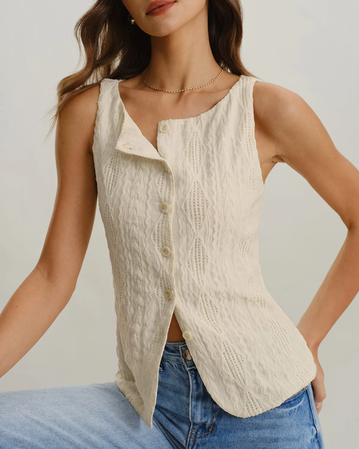 Beige Boat Neck Button Tank Top sold by rihoas product image thumbnail 3