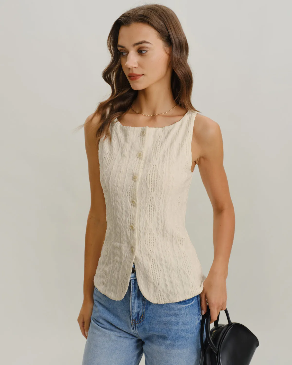 Beige Boat Neck Button Tank Top sold by rihoas product image thumbnail 4