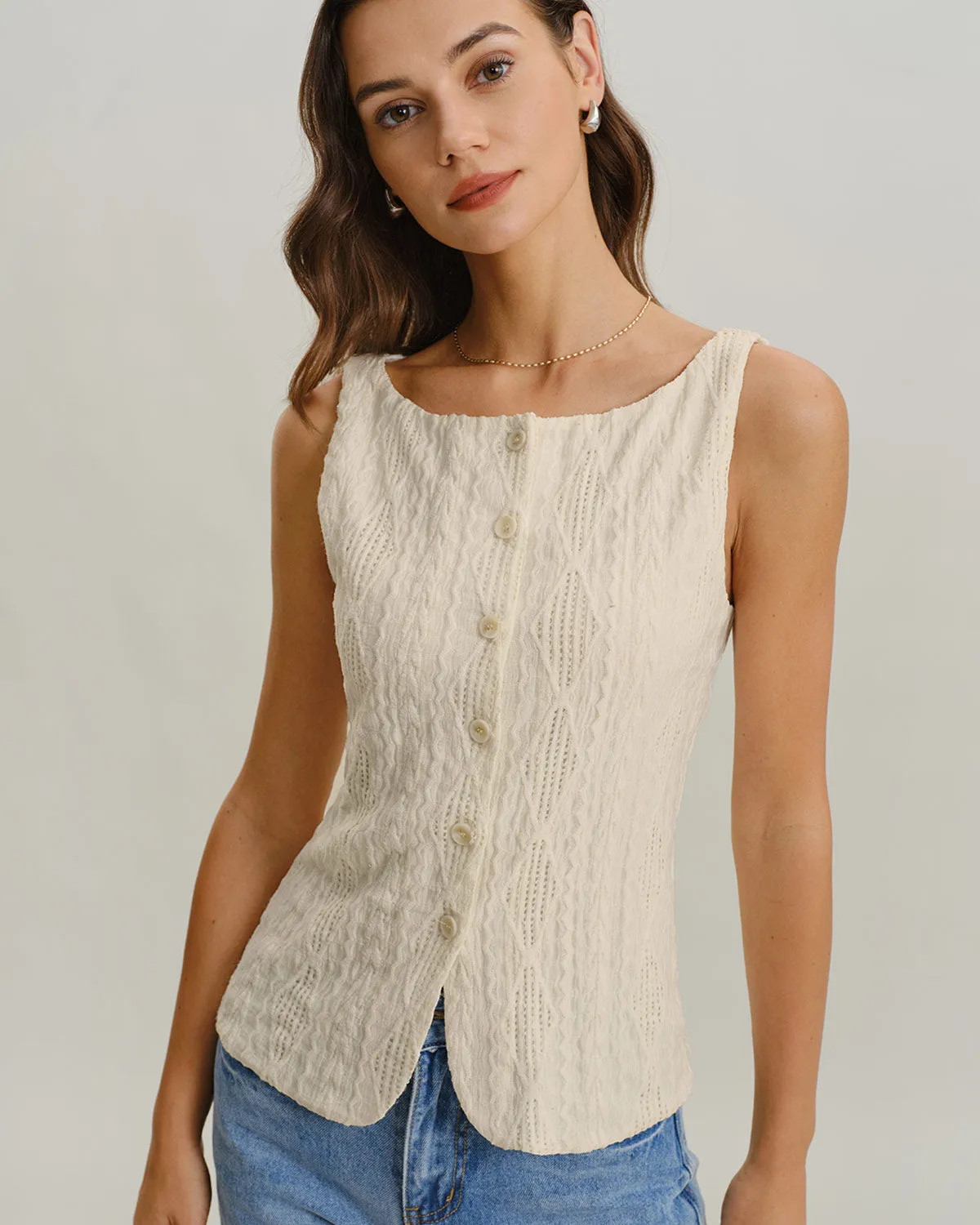 Beige Boat Neck Button Tank Top sold by rihoas
