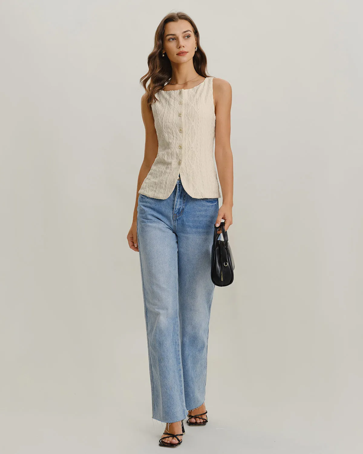 Beige Boat Neck Button Tank Top sold by rihoas product image thumbnail 5