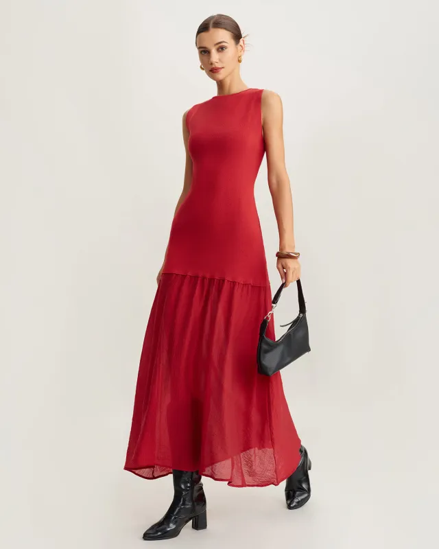 Red Ribbed Knit Sleeveless Maxi Dress sold by rihoas