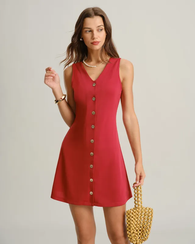 Red V Neck Sleeveless Mini Dress sold by rihoas