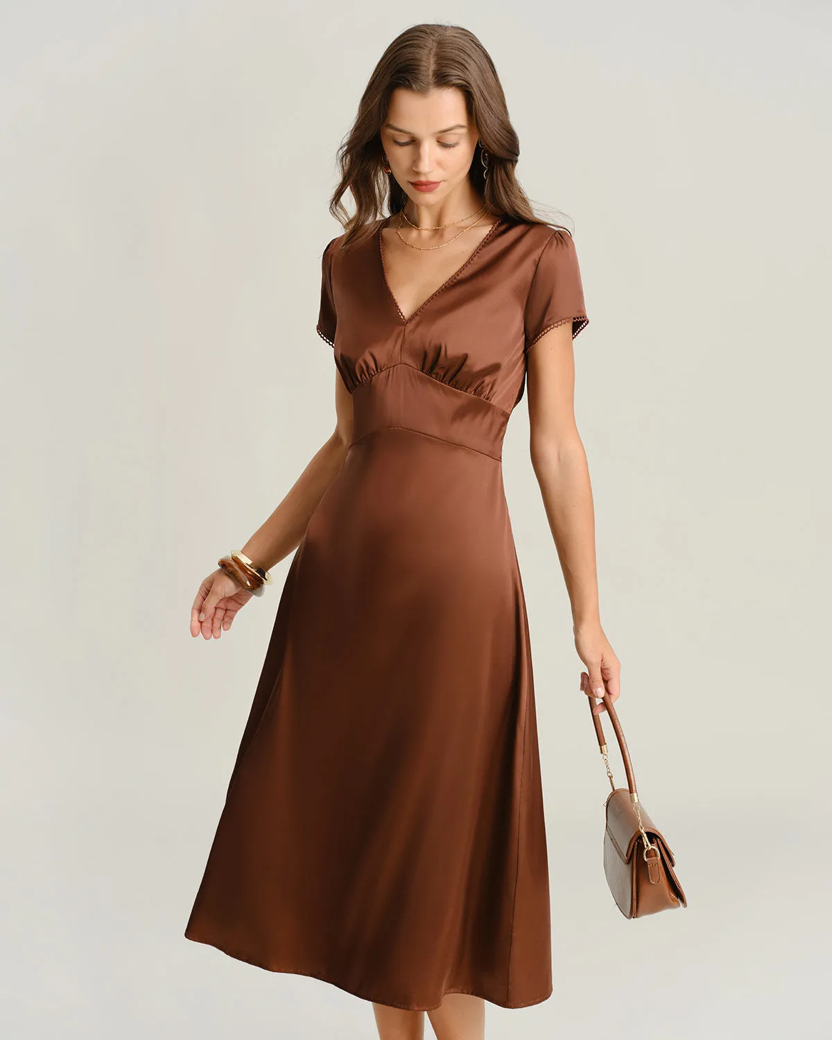 Brown V Neck Cap Sleeve Midi Dress sold by rihoas product image thumbnail 3