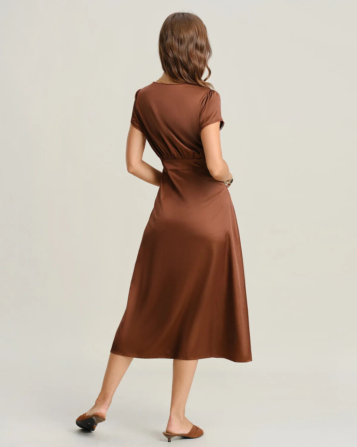 Brown V Neck Cap Sleeve Midi Dress sold by rihoas product image thumbnail 5