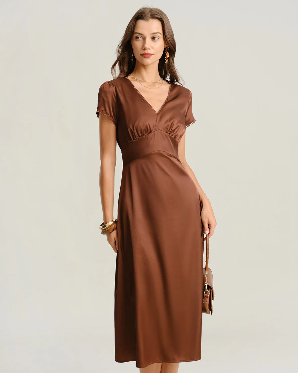 Brown V Neck Cap Sleeve Midi Dress sold by rihoas